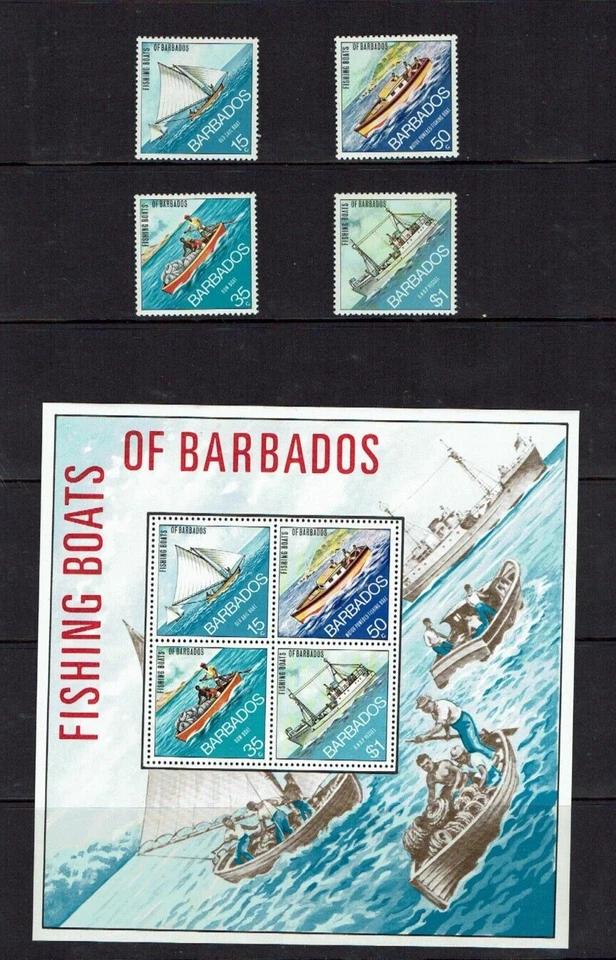 Barbados: 1974, Barcos de Pesca de Barbados, Juego MNH + Hoja Miniatura. Foto 1 de 1
