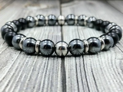 HIP 8"L Stainless Steel 8mm Black Onyx & Hematite Gemstone Beaded Men's Bracelet - Image 1 of 4