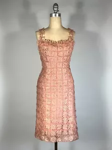 Vintage 1950's-60's UNIQUE intricate handmade pink & gold ribbon sheath dress XS - Picture 1 of 21