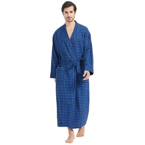Mens Plaid 100%Cotton Flannel Shawl Collar Full Length Robe 3X-4X Big Black/Blue - Picture 1 of 6