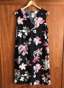 M&S Sleeveless Summer Dress Size 12 Reg Navy Blue/Pink Floral Linen Blend V-Neck - Picture 1 of 13