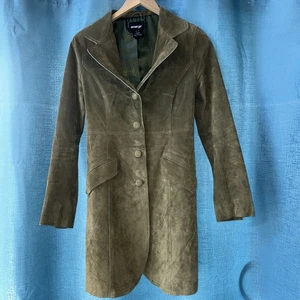 Emerge Suede Coat Jacket Moss Green Size 8 Lined Mid-Thigh Length - Picture 1 of 17