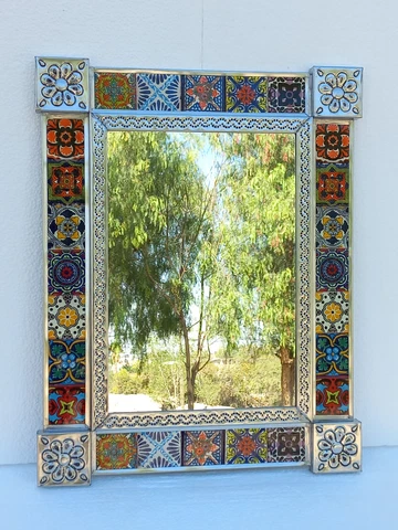 PUNCHED TIN MIRROR with mixed talavera tile mexican folk art 19" X 15" Cover
