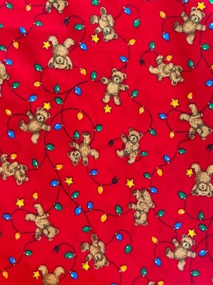 Vintage Cranston Fabric Teddy Bear Christmas Lights Red Cotton 88" x 44" - Image 1 of 4