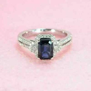 2.5Ct Emerald Lab-Created Sapphire Woman Wedding Halo Ring 14K White Gold Plated - Picture 1 of 5