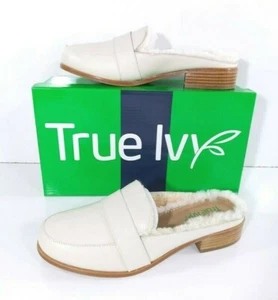True Ivy Women's Addison Ivory Leather Sherpa Lined Mule Loafer Shoes, Size 8 - Picture 1 of 11