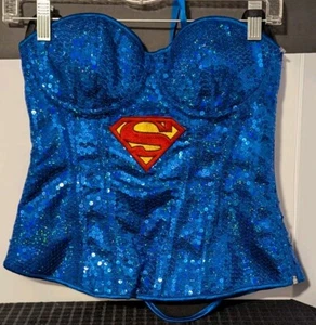 Super Girl Blue Sequin Lace Bodice Corset Bustier M/L Halloween Costume - Picture 1 of 4