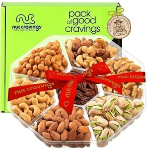Nut Cravings Red Ribbon Nut Gift Box – 7 Gourmet Nuts in Round Tray (12–16oz) - Picture 1 of 8