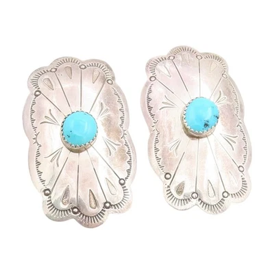 Pendientes Vintage Plata de Ley 925 NAVAJO Turquesa Grabado Concho Stud EG13725 Foto 1 de 4