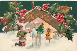 NASH CHRISTMAS CHILDREN SERIES 1 KIDS WITH SNOWMAN POSTCARD 1909 052925 U - Imagen 1 de 2