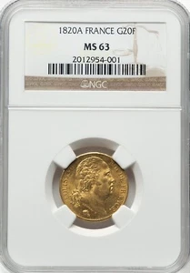 FRANCE , GOLD 20 FRANCS 1820 A - NGC MS 63 , RARE7 - Picture 1 of 2