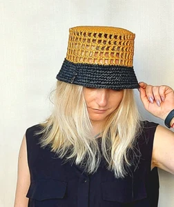 Ginger and Black Strow Summer bucket hat, Crochet straw hat, Beach Bucket Hat - Picture 1 of 7