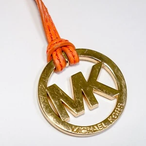 Michael Kors Hang Tag Key Fob Charm Gold Tone Orange Brown Leather Strap - Picture 1 of 4