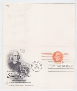 TurtlesTradingPost- Samuel Adams Reply Card -1973 FDC #UY24 - Artcraft Cachet - Picture 1 of 2