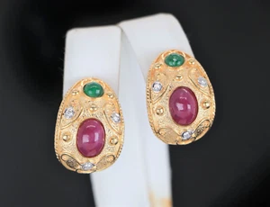 $4,850 KJ 18K Yellow Gold Ruby Emerald Cabochon Diamond Huggie Earrings - Picture 1 of 12