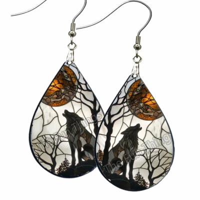 Faux Stained Glass Howling Wolf Full Moon Earrings NO TARNISH Wood Teardrop - Image 1 of 4
