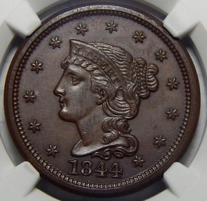 1844 N-3 NGC MS64BN BRAIDED HAIR LARGE CENT - Picture 1 of 4