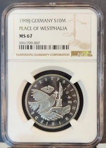 1998 GERMANY SILVER 10 MARK S10M PEACE OF WESTPHALIA NGC MS 67 TOP POP - Picture 1 of 3