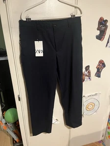 ZARA Black Flat Front Trousers Button Waist Zipper Fly Relaxed Waist XL NWT - Picture 1 of 9