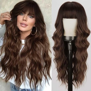 Wigs with Bangs Ombre Brown Wig for Women Long Wavy Synthetic Heat Resistant ... - Picture 1 of 6