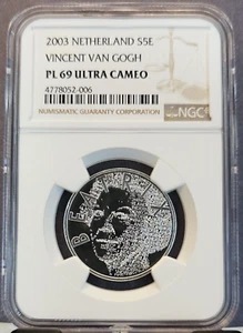 2003 NETHERLANDS SILVER 5 EURO VINCENT VAN GOGH NGC PL 69 ULTRA CAMEO - Picture 1 of 3