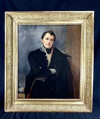 SUPERBE PORTRAIT HOMME OFFICIER EP. EMPIRE CADRE BOIS DORE MILITARIA H/T Ca 1800 - Photo 1/4