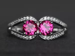 925 Sterling Silver Pink Ruby Ring Lab Created Gemstone Women Dainty Ring - Picture 1 of 4