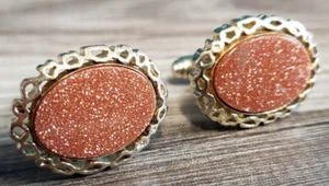 Gemelli vintage Anson GOLD TONE marrone scintillante intarsiato BULLET BACK - Foto 1 di 8
