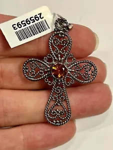 925 Silver Filigree Wire and Citrine Cross Pendant for Necklace Religious NEW! - Picture 1 of 4