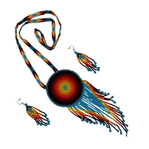 Handarbeit Perlen Cyanblau Feuerfarben Fransen Anhänger Halskette Ohrringe Set - Bild 1 von 1