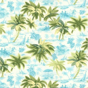 Fabric Traditions - Green Blue Palm Tree Beach Scene - Cotton 30" - Picture 1 of 1
