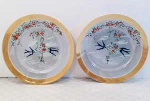 2 Lusterware Flowers Birds Swallows Hand Painted Peach Blue Ceramic Plates Japan - Picture 1 of 11
