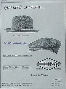 PUBLICITE LA CASQUETTE ELINA CHAPEAU HOMME QUALITE D'ABORD DE 1929 FRENCH AD PUB - Picture 1 of 1