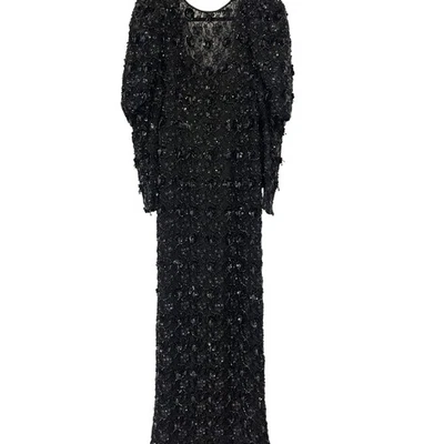 Vintage Oleg Cassini Black Tie Womens Gown Dress Size 12 Black Lace Sequin Beads - Image 1 of 4