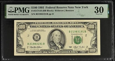 1993 $100 Federal Reserve Note Bill - Fr#2174-B, BB Block - PMG Graded 30 - Image 1 of 2