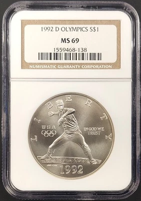 1992 D Olympics Baseball Commemorative Silver Dollar graded MS 69 by NGC! - Image 1 of 4