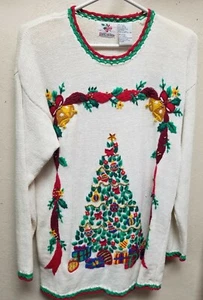 NUTCRACKER White Cotton Blend Women's Holiday Christmas Tree Pullover Sweater M - Picture 1 of 9