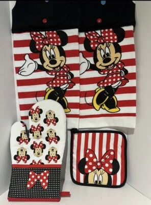 Juego de 4 toallas de cocina colgantes Minnie Mouse y guante de horno y soporte para decoración del hogar Foto 1 de 2