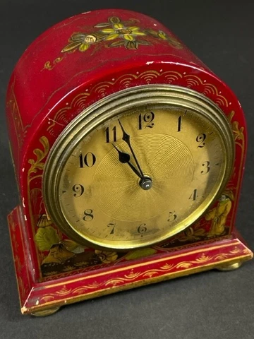 Small Antique Couaillet Freres France Clock in Red Lacquer Chinoiserie Wood Case Cover