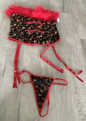 Elegant Moments Black Floral Corset W/ Red “fur” Trim Matching Panties Size 34 - Image 1 of 4