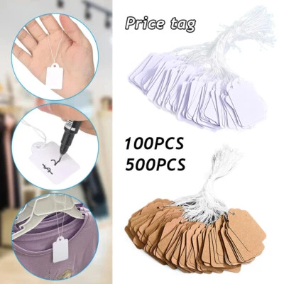 100 Blank White Merchandise Price Tags with Strings Size #5 Retail Strung Label - Image 1 of 4