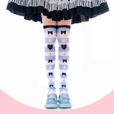 蓝色条纹蝴蝶结女孩女式洛丽塔过膝长袜 120D 天鹅绒大腿高 — 第 1/4 张图片