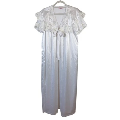 Bata larga de encaje satinado blanco vintage Barbizon Bouquet des Fleurs boda mediana Foto 1 de 4