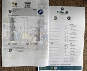29/7/2025 SUTTON UTD v MILLWALL PRE-SEASON FRIENDLY TEAMSHEET+MILLWALL LINE-UPS - Picture 1 of 1