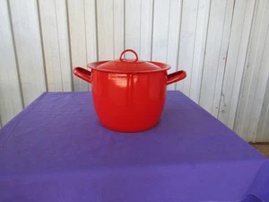 Enamelware Stock Pot Lidded Large Red and White 1950s Poland Vintage - Picture 1 of 8
