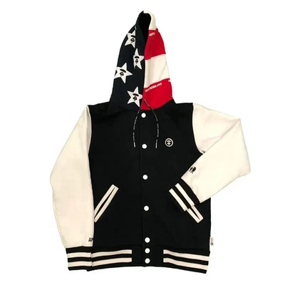 Aape by BAPE Hooded Varsity Jacket Mens Medium Black Stars & Stripes APUNVS - Image 1 of 4