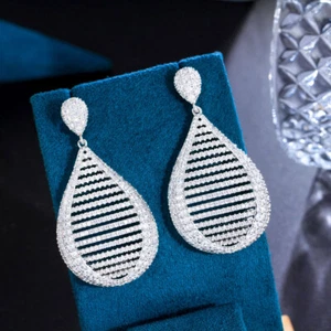 Heavy Work White Gold Plated CZ Big Long Dangle Drop Earrings for Women Costume - Picture 1 of 9