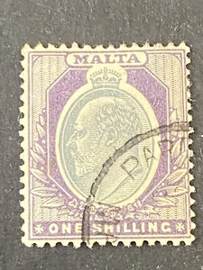 MALTA, SCOTT # 27, 1/- VALUE VIOLET & GRAY KEV11 1903-04 ISSUE USED - Picture 1 of 2