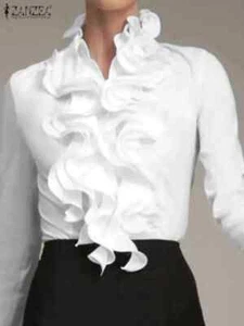 Neu Damen Rüschen ausgestellt Langarm OL Büro Damen Slim Tops Shirt Bluse - Bild 1 von 8