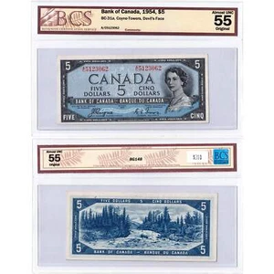 $5 1954 Bank of Canada Note Devil Face A/C Prefix BC-31a - BCS AU-55 - Picture 1 of 3